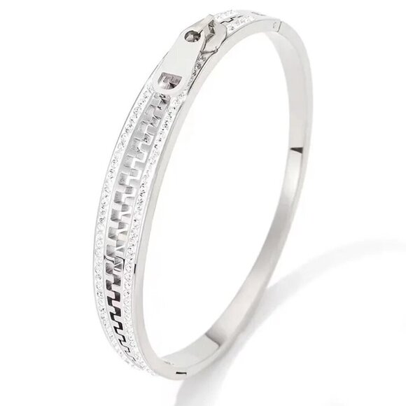 Silvertone Stainless Steel Zipper Accent Bangle Bracelet, Zircon Stones. - Picture 1 of 10